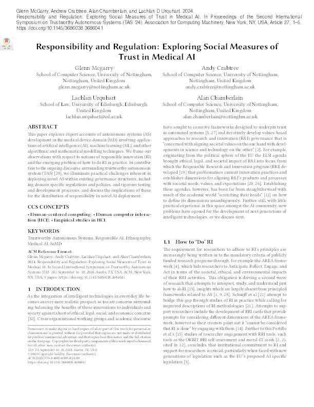 Responsibility and Regulation: Exploring Social Measures of Trust in Medical AI Thumbnail