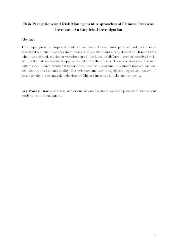 Risk perceptions and risk management approaches of Chinese overseas investors: An empirical investigation Thumbnail