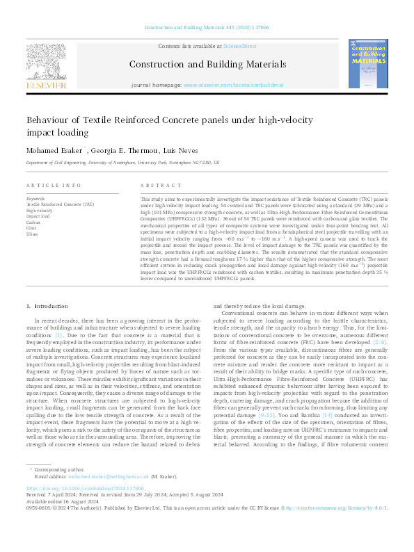 Behaviour of Textile Reinforced Concrete panels under high-velocity impact loading Thumbnail