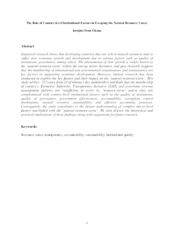 The role of country-level institutional factors in escaping the natural resource curse: Insights from Ghana Thumbnail