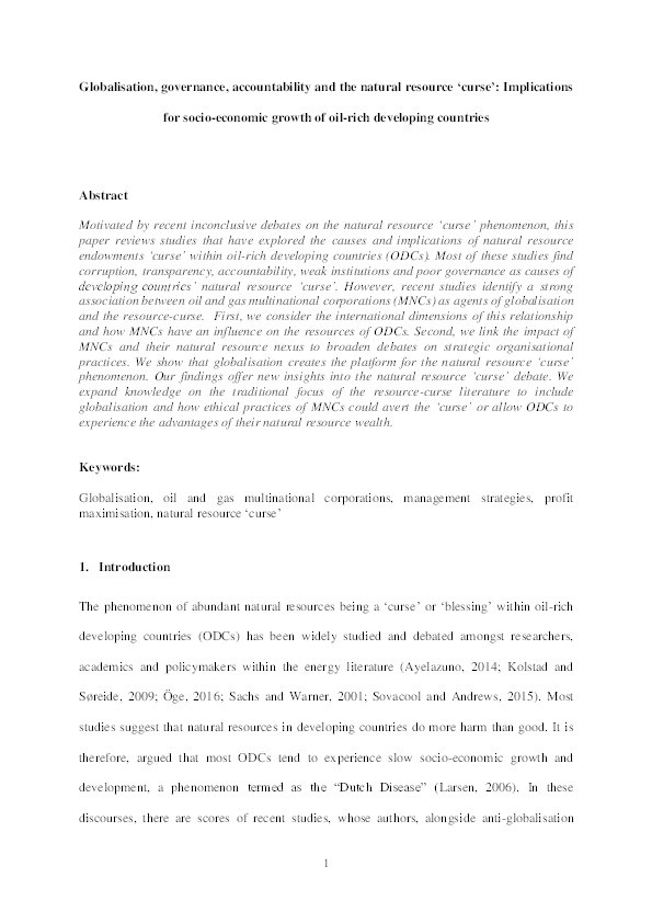 Globalisation, governance, accountability and the natural resource 'curse': Implications for socio-economic growth of oil-rich developing countries Thumbnail