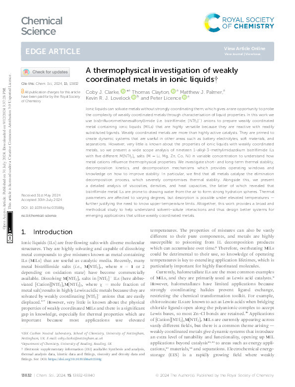 A thermophysical investigation of weakly coordinated metals in ionic liquids Thumbnail