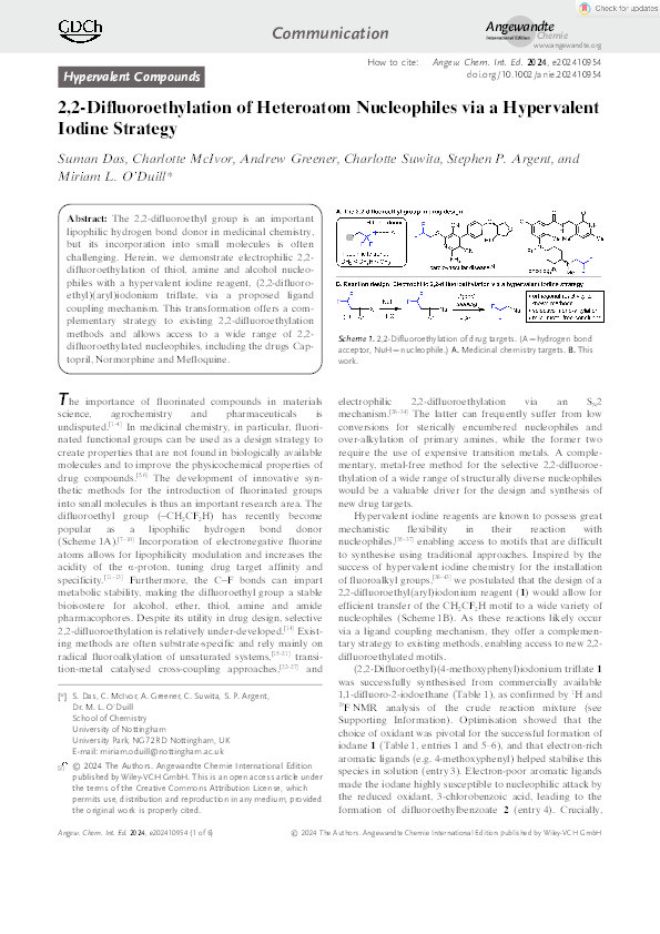 2,2‐Difluoroethylation of Heteroatom Nucleophiles via a Hypervalent Iodine Strategy Thumbnail