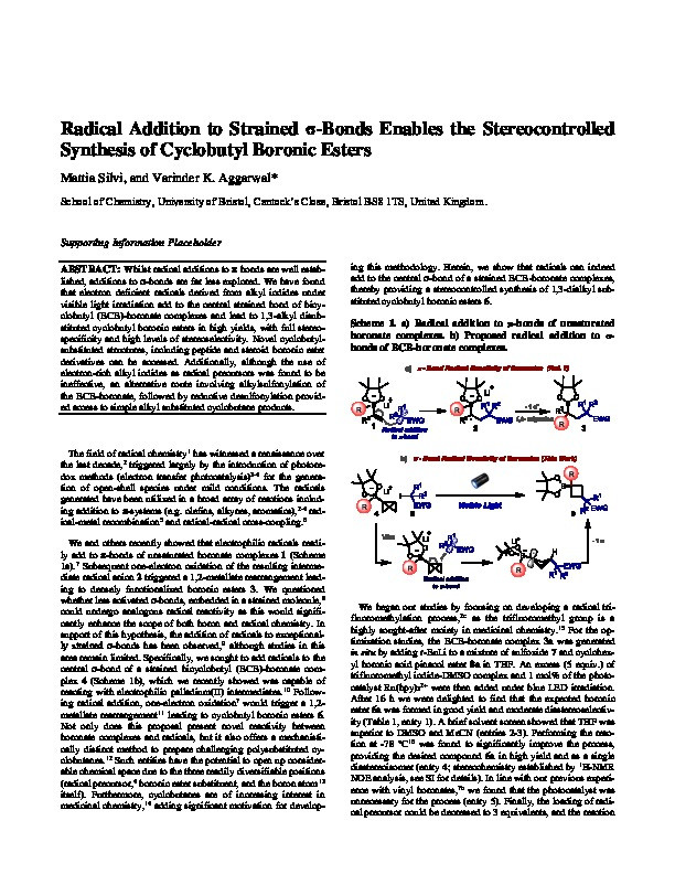 Radical Addition to Strained σ-Bonds Enables the Stereocontrolled Synthesis of Cyclobutyl Boronic Esters Thumbnail