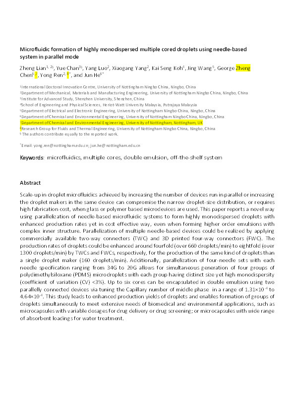 Microfluidic formation of highly monodispersed multiple cored droplets using needle-based system in parallel mode Thumbnail