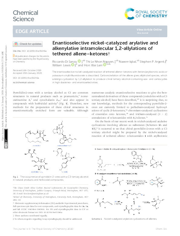 Enantioselective nickel-catalyzed arylative and alkenylative intramolecular 1,2-allylations of tethered allene–ketones Thumbnail