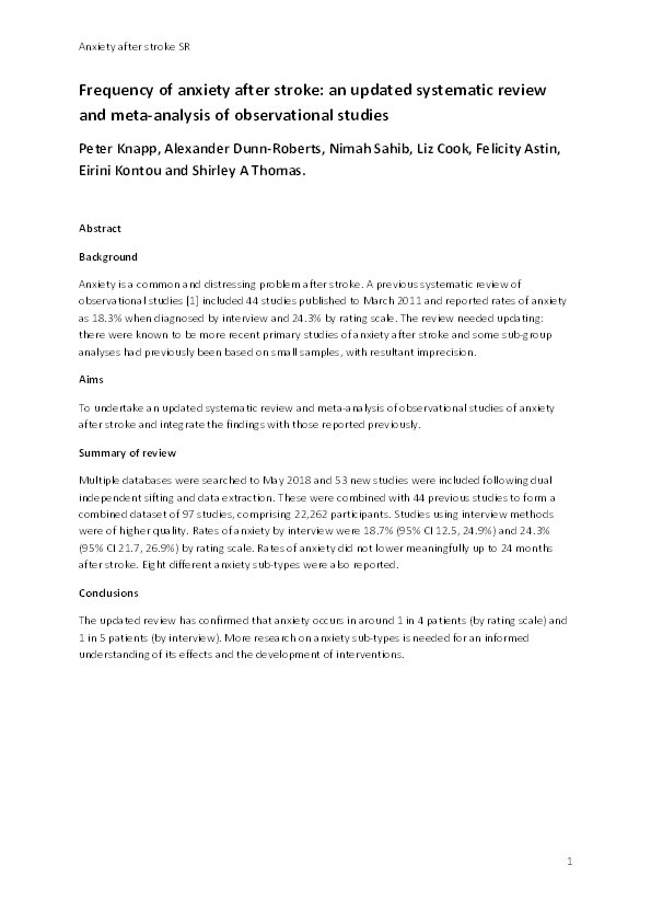 Frequency of anxiety after stroke: An updated systematic review and meta-analysis of observational studies Thumbnail