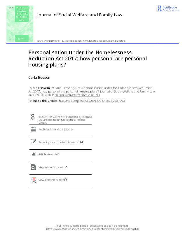 Personalisation under the Homelessness Reduction Act 2017: how personal are personal housing plans? Thumbnail