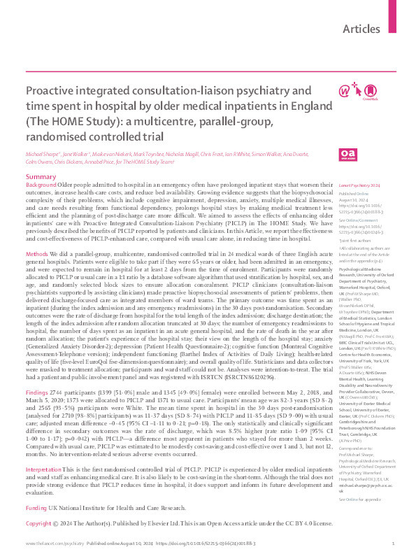 Proactive integrated consultation-liaison psychiatry and time spent in hospital by older medical inpatients in England (The HOME Study): a multicentre, parallel-group, randomised controlled trial Thumbnail