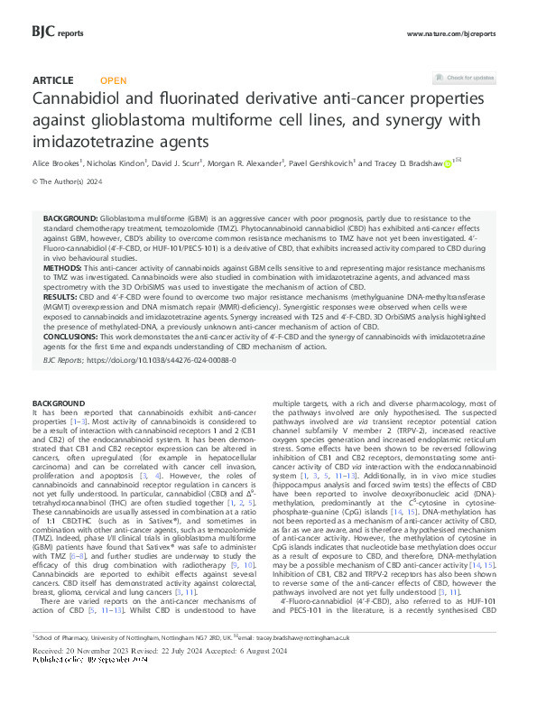 Cannabidiol and fluorinated derivative anti-cancer properties against glioblastoma multiforme cell lines, and synergy with imidazotetrazine agents Thumbnail