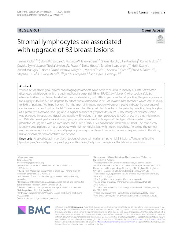 Stromal lymphocytes are associated with upgrade of B3 breast lesions Thumbnail