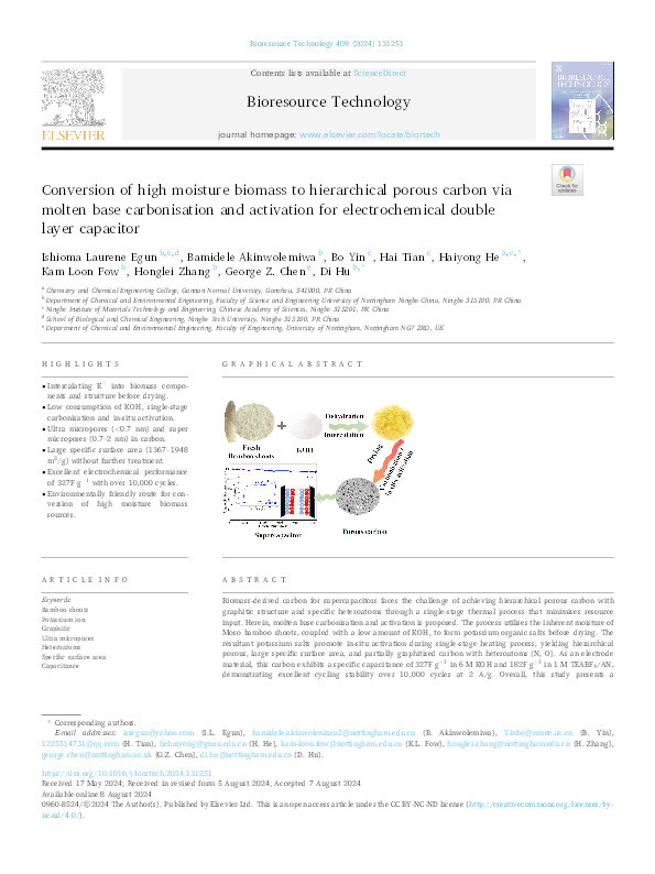 Conversion of high moisture biomass to hierarchical porous carbon via molten base carbonisation and activation for electrochemical double layer capacitor Thumbnail