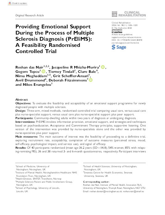 Providing emotional support during the process of multiple sclerosis diagnosis (PrEliMS): A feasibility randomised controlled trial Thumbnail