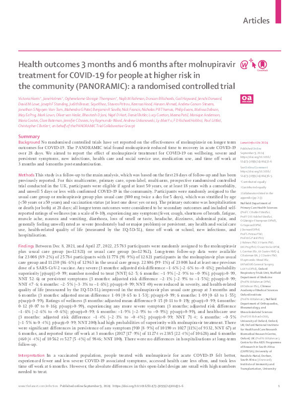 Health outcomes 3 months and 6 months after molnupiravir treatment for COVID-19 for people at higher risk in the community (PANORAMIC): a randomised controlled trial Thumbnail