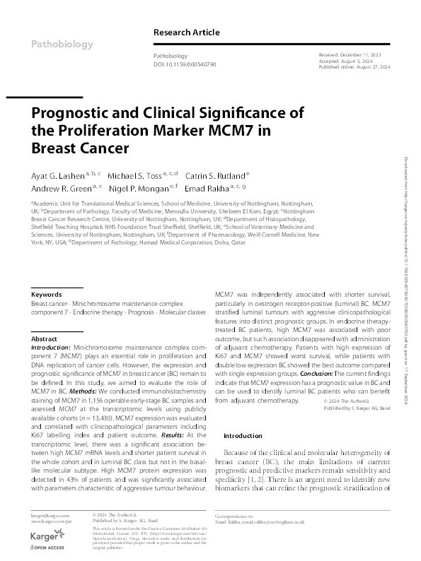 Prognostic and clinical significance of the proliferation marker MCM7 in breast cancer Thumbnail