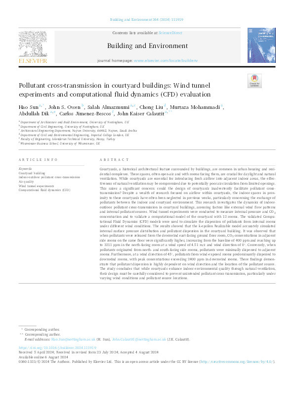 Pollutant cross-transmission in courtyard buildings: Wind tunnel experiments and computational fluid dynamics (CFD) evaluation Thumbnail