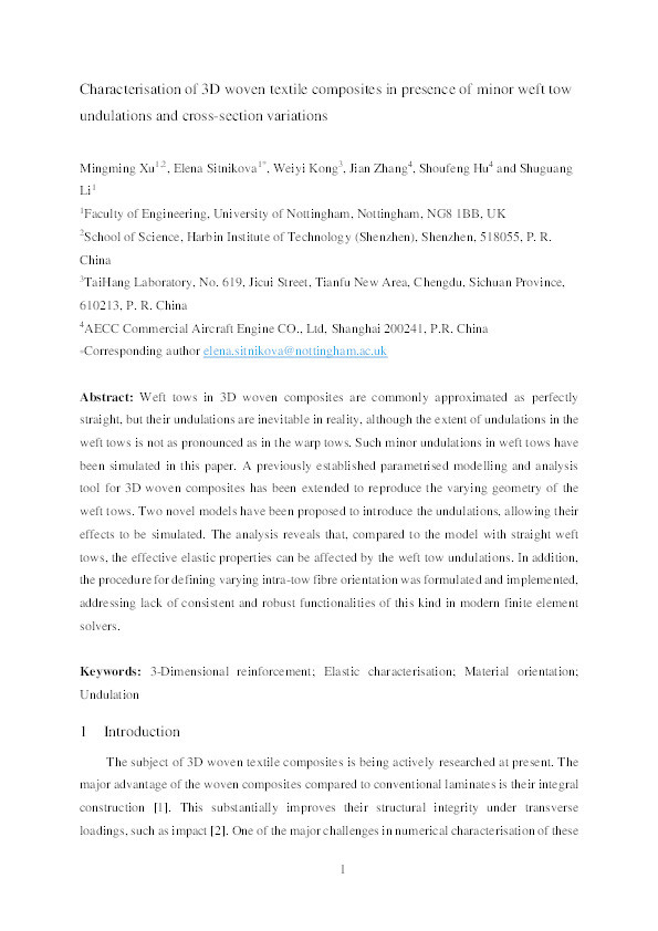 Characterisation of 3D woven textile composites in presence of minor weft tow undulations and cross-section variations Thumbnail