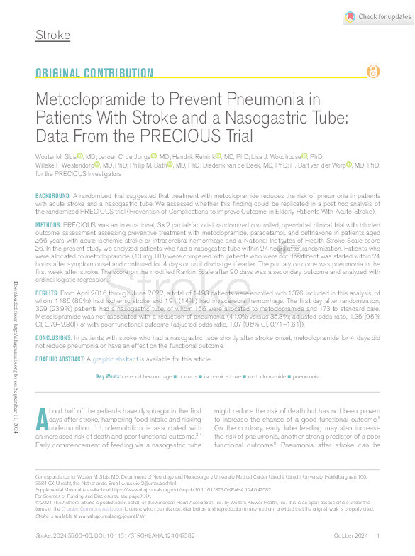 Metoclopramide to Prevent Pneumonia in Patients With Stroke and a Nasogastric Tube: Data From the PRECIOUS Trial Thumbnail