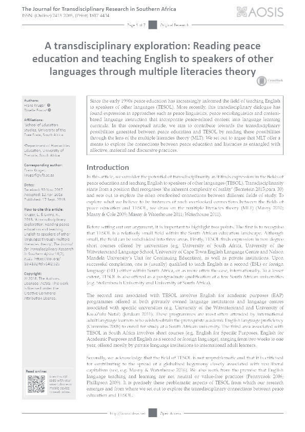 A transdisciplinary exploration: Reading peace education and teaching English to speakers of other languages through multiple literacies theory Thumbnail