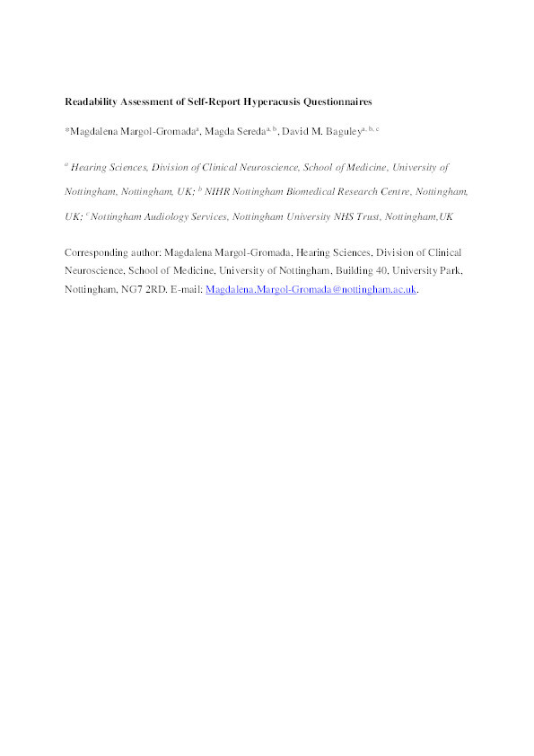 Readability assessment of self-report hyperacusis questionnaires Thumbnail