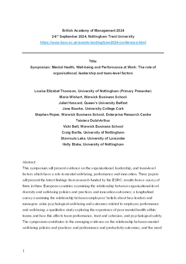 Mental Health, Well-being and Performance at Work: The role of organisational, leadership and team-level factors Thumbnail