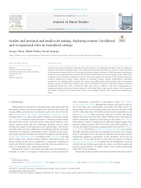 Gender and artisanal and small-scale mining: Exploring women's livelihood and occupational roles in formalised settings Thumbnail