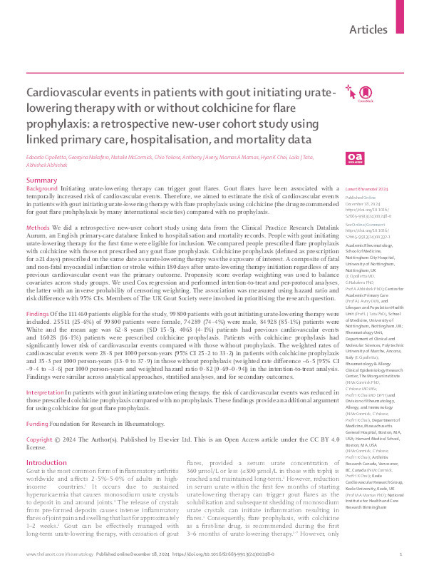 Cardiovascular events in patients with gout initiating urate-lowering therapy with or without colchicine for flare prophylaxis: a retrospective new-user cohort study using linked primary care, hospitalisation, and mortality data Thumbnail