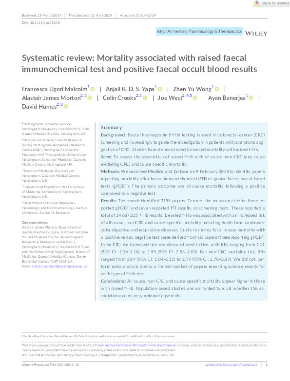 Systematic review: Mortality associated with raised faecal immunochemical test and positive faecal occult blood results Thumbnail