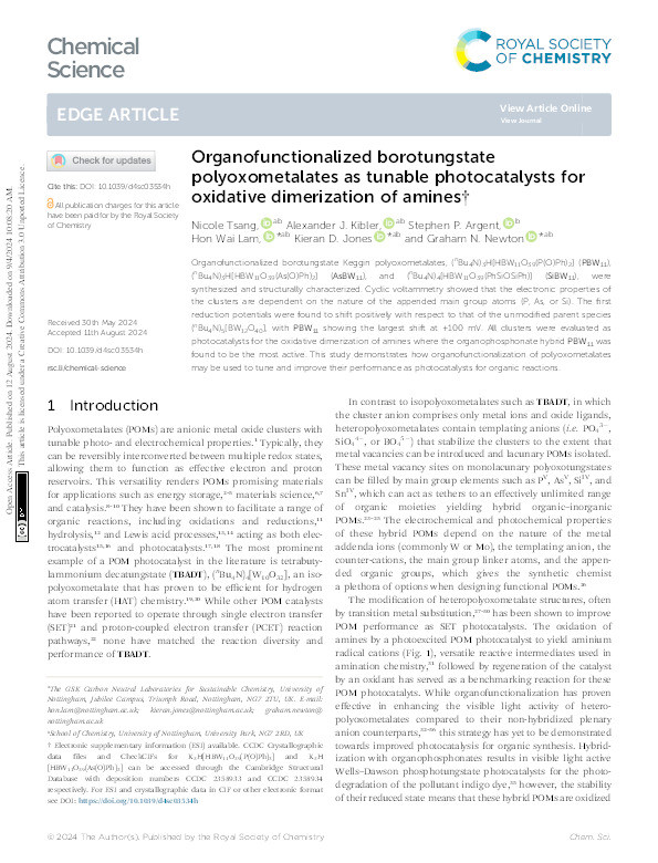 Organofunctionalized borotungstate polyoxometalates as tunable photocatalysts for oxidative dimerization of amines Thumbnail