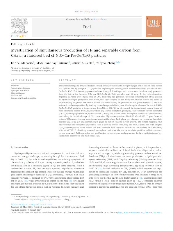 Investigation of simultaneous production of H2 and separable carbon from CH4 in a fluidised bed of NiO/Ca2Fe2O5/CaO particles Thumbnail