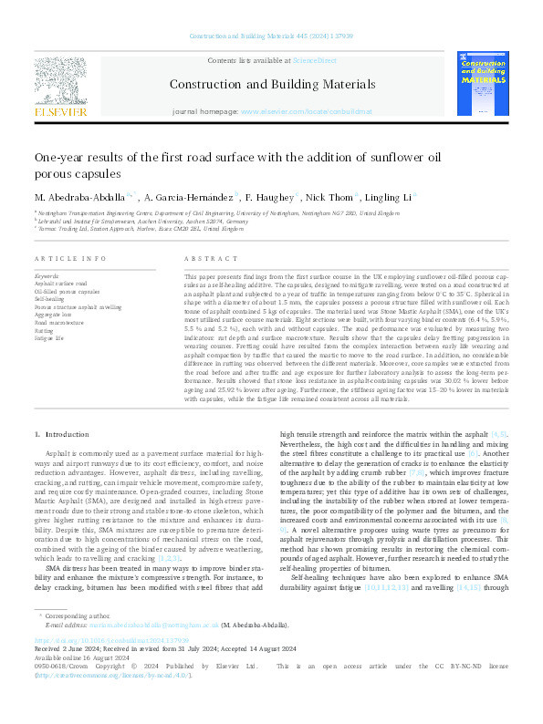 One-year results of the first road surface with the addition of sunflower oil porous capsules Thumbnail