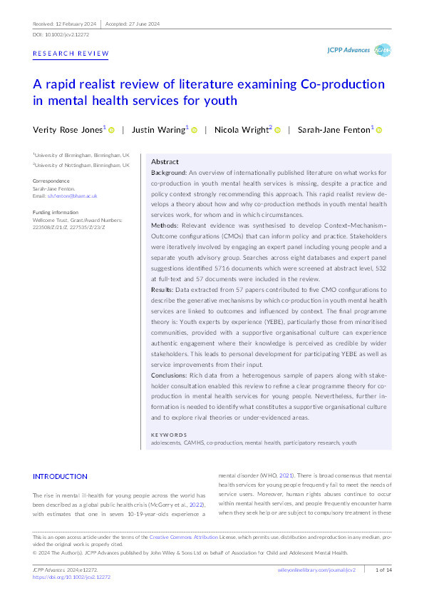 A rapid realist review of literature examining Co‐production in mental health services for youth Thumbnail