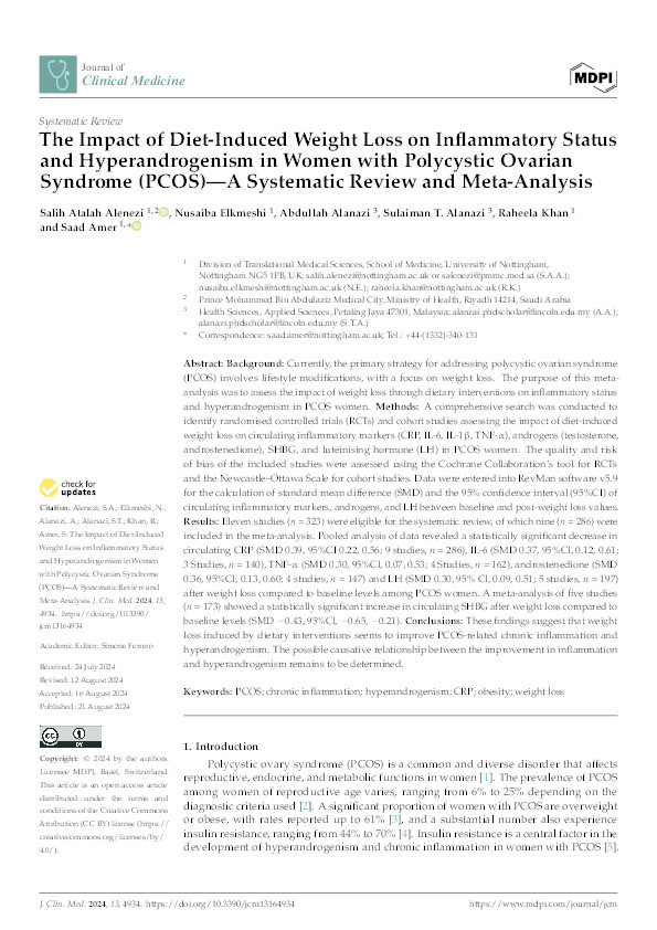 The Impact of Diet-Induced Weight Loss on Inflammatory Status and Hyperandrogenism in Women with Polycystic Ovarian Syndrome (PCOS)—A Systematic Review and Meta-Analysis Thumbnail