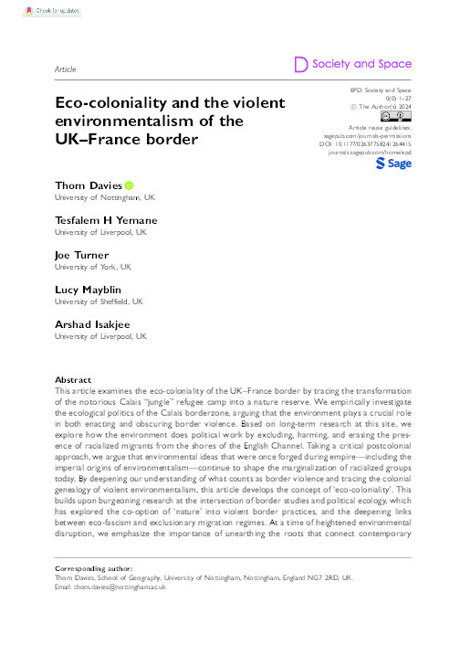 Eco-coloniality and the violent environmentalism of the UK–France border Thumbnail