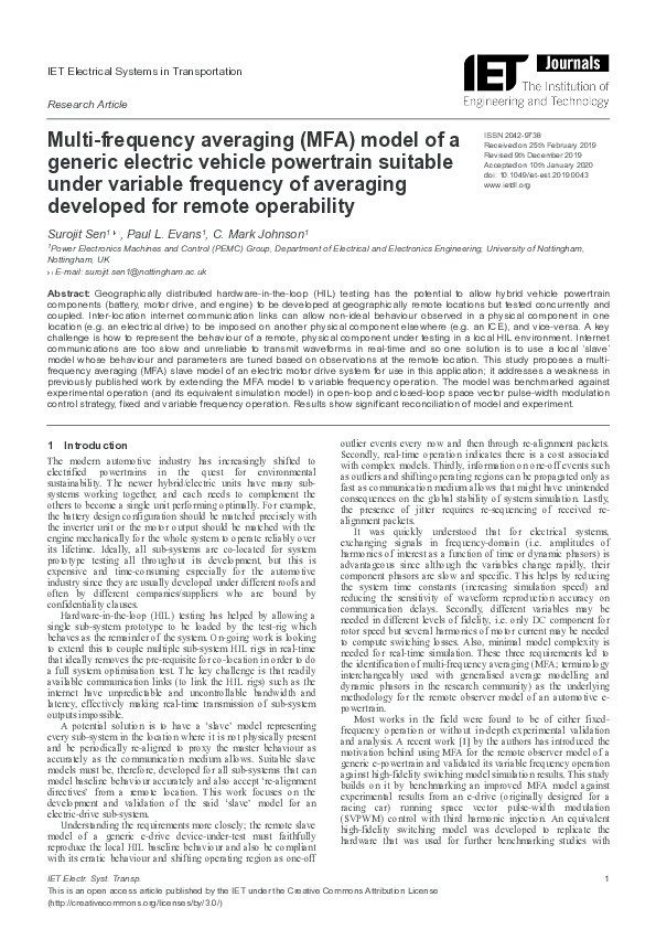 Multi‐frequency averaging (MFA) model of a generic electric vehicle powertrain suitable under variable frequency of averaging developed for remote operability Thumbnail