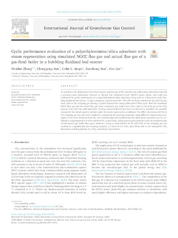 Cyclic performance evaluation of a polyethylenimine/silica adsorbent with steam regeneration using simulated NGCC flue gas and actual flue gas of a gas-fired boiler in a bubbling fluidized bed reactor Thumbnail