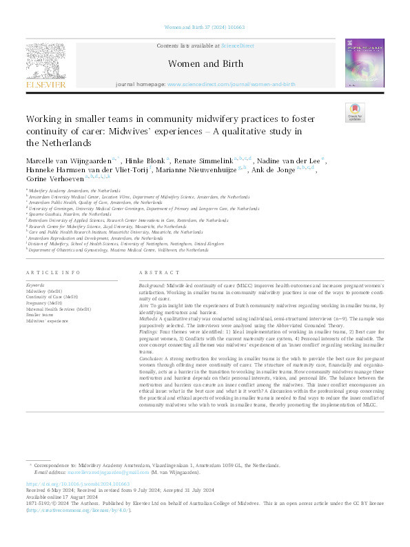 Working in smaller teams in community midwifery practices to foster continuity of carer: Midwives’ experiences – A qualitative study in the Netherlands Thumbnail