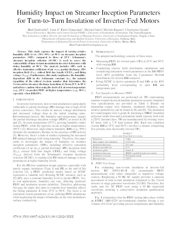 Humidity Impact on Streamer Inception Parameters for Turn-to-Turn Insulation of Inverter-Fed Motors Thumbnail