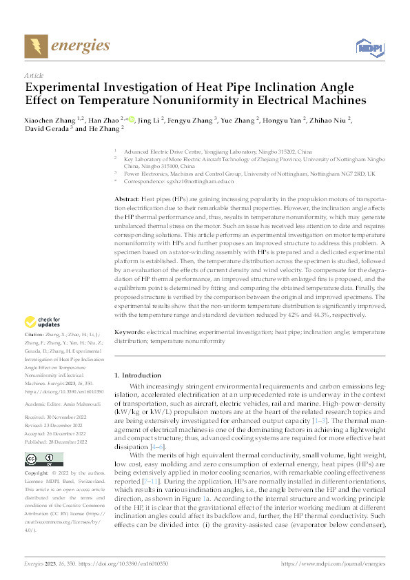 Experimental Investigation of Heat Pipe Inclination Angle Effect on Temperature Nonuniformity in Electrical Machines Thumbnail