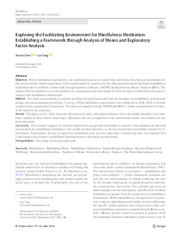 Exploring the Facilitating Environment for Mindfulness Meditation: Establishing a Framework through Analysis of Means (ANOM) and Exploratory Factor Analysis (EFA) Thumbnail