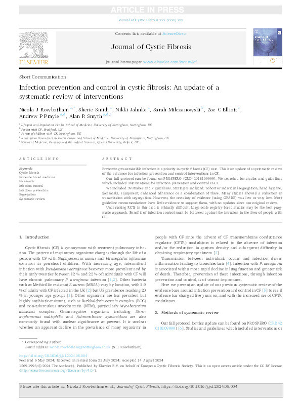 Infection prevention and control in cystic fibrosis: An update of a systematic review of interventions Thumbnail