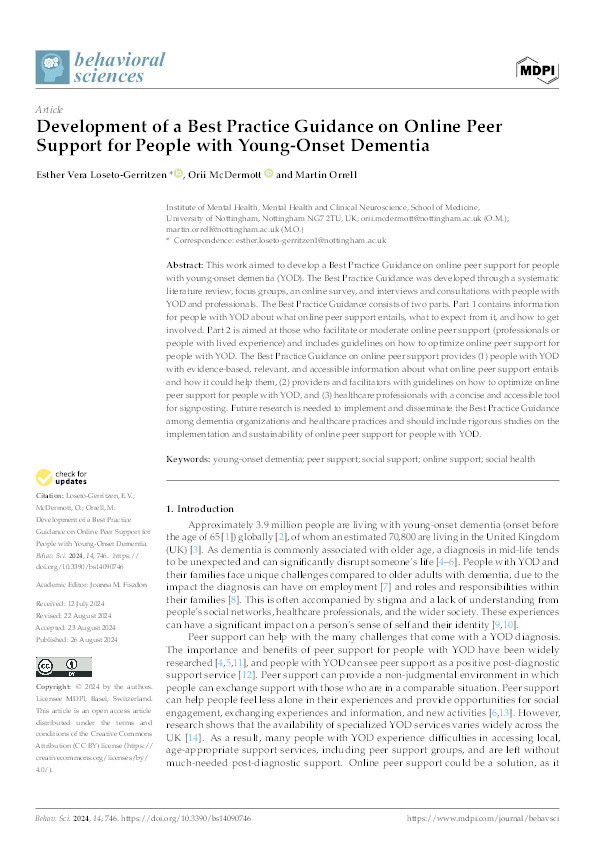 Development of a Best Practice Guidance on Online Peer Support for People with Young-Onset Dementia Thumbnail