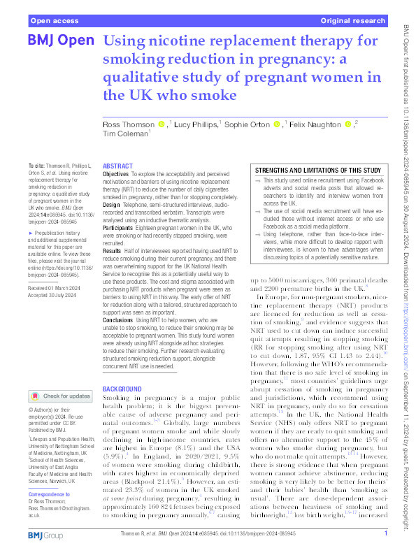 Using nicotine replacement therapy for smoking reduction in pregnancy: a qualitative study of pregnant women in the UK who smoke Thumbnail