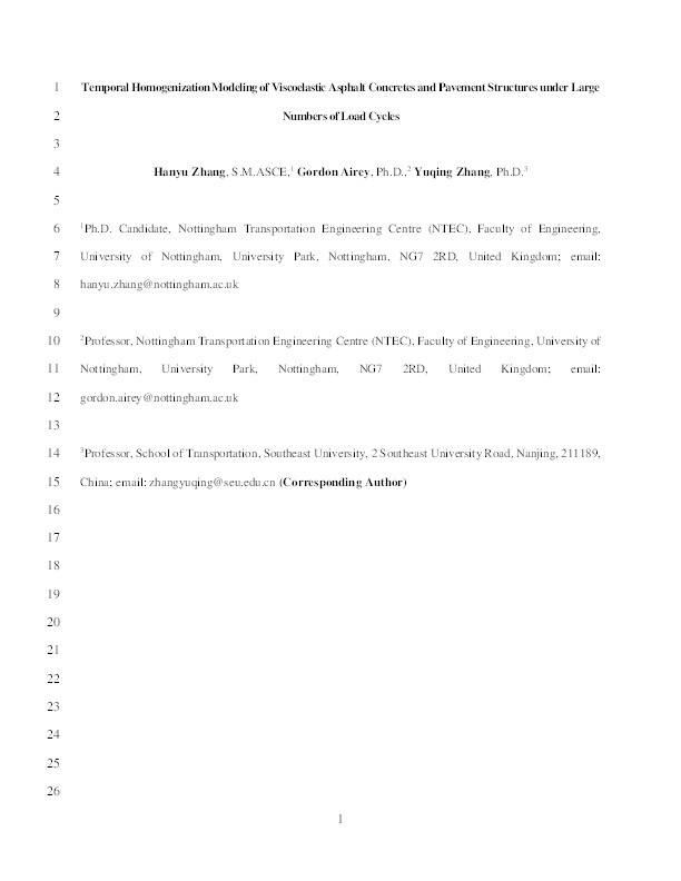 Temporal Homogenization Modeling of Viscoelastic Asphalt Concretes and Pavement Structures under Large Numbers of Load Cycles Thumbnail