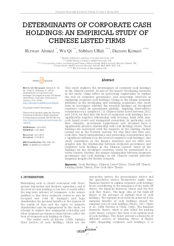 Determinants of Corporate Cash Holdings: An empirical study of Chinese Listed Firms Thumbnail