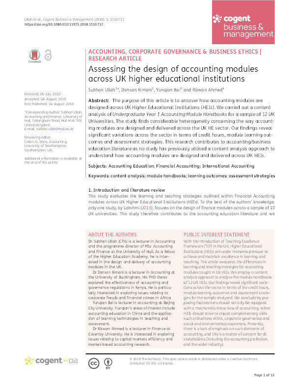 Assessing the Design and Development of Accounting Modules across UK Higher Educational Institutions Thumbnail