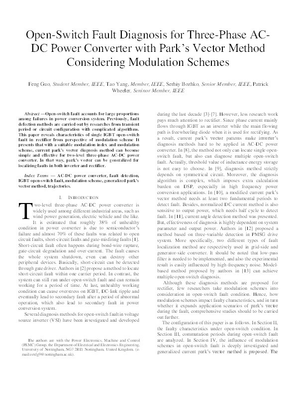 Open-Switch Fault Diagnosis for Three-Phase AC-DC Power Converter with Park's Vector Method Considering Modulation Schemes Thumbnail