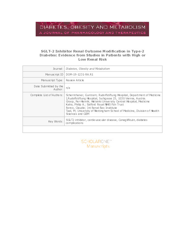 SGLT‐2 Inhibitor Renal Outcome Modification in Type‐2 Diabetes: Evidence from Studies in Patients with High or Low Renal Risk Thumbnail