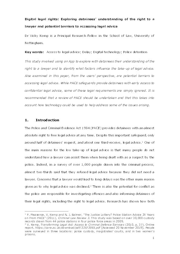 Digital legal rights: Exploring detainees' understanding of the right to a lawyer and potential barriers to accessing legal advice Thumbnail