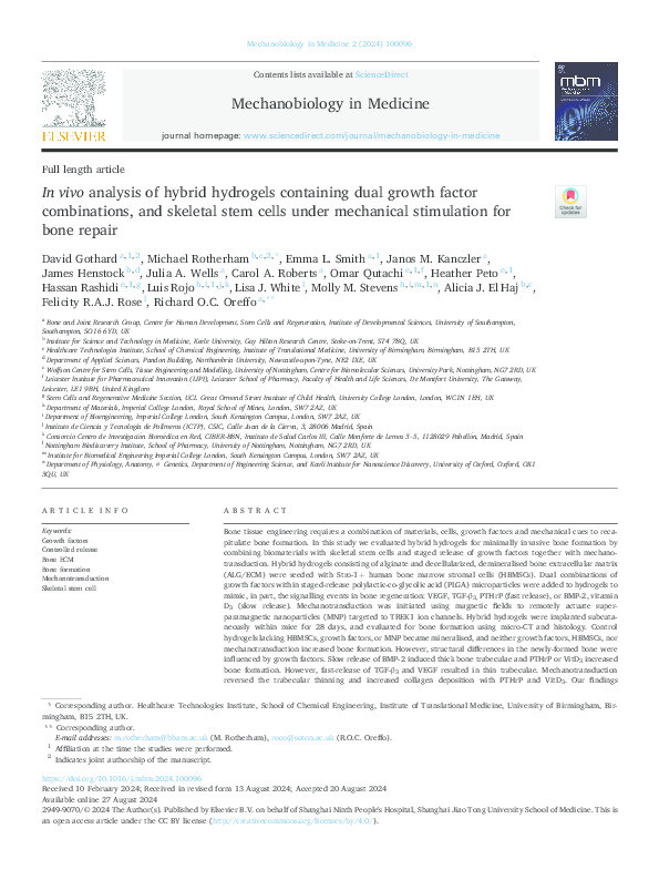 In vivo analysis of hybrid hydrogels containing dual growth factor combinations, and skeletal stem cells under mechanical stimulation for bone repair Thumbnail